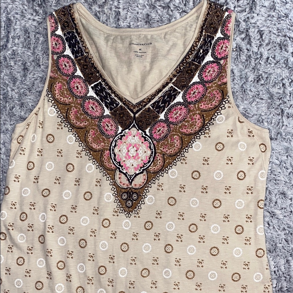 Embroidered Beige Sleeveless Top